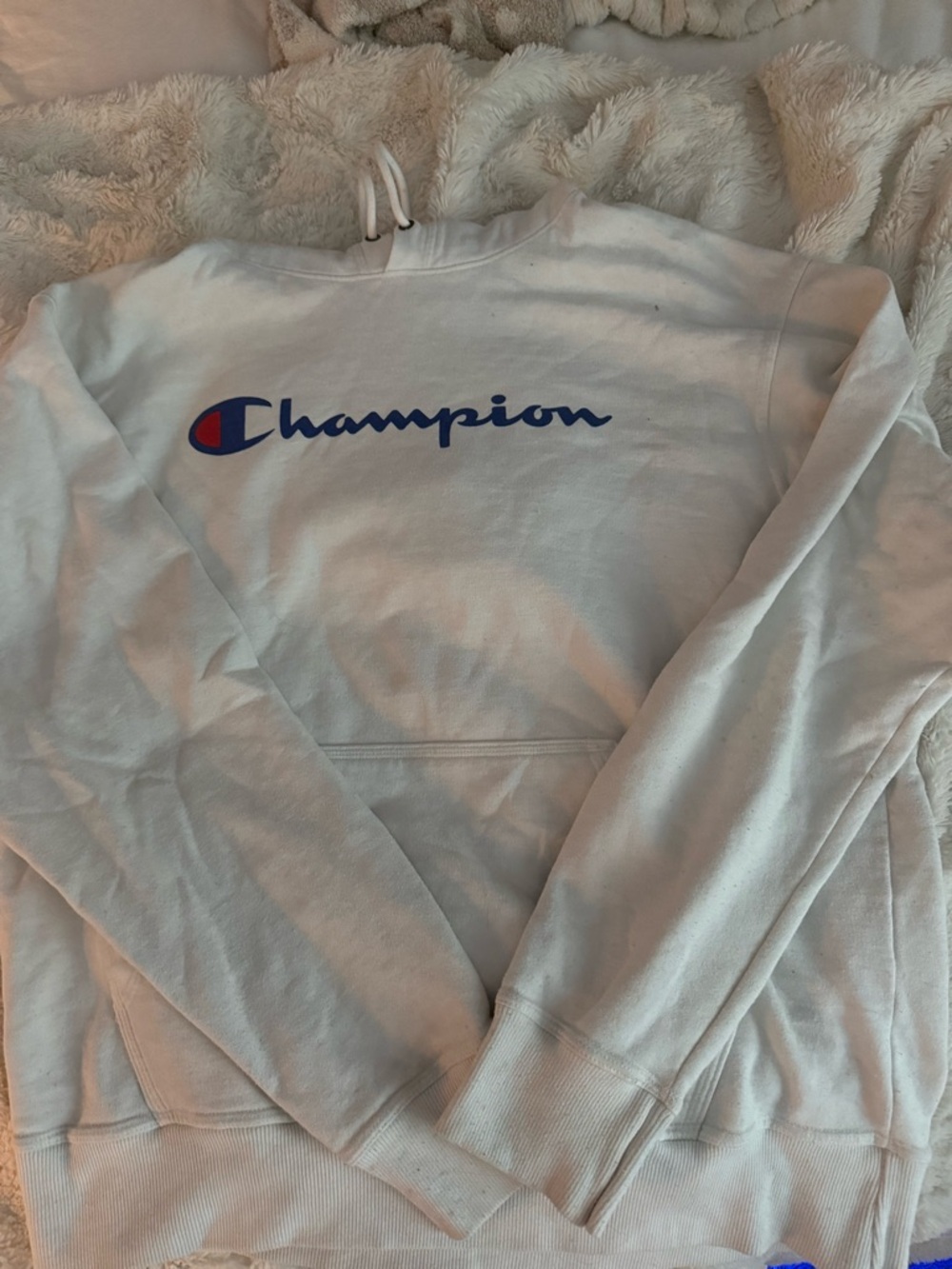 Men’s Champion White Hoodie with Blue Logo